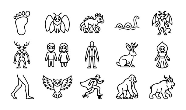 Mythical Creatures and Cryptids Icons Set, Bigfoot, Mothman, Loch Ness Monster, Folklore Legends