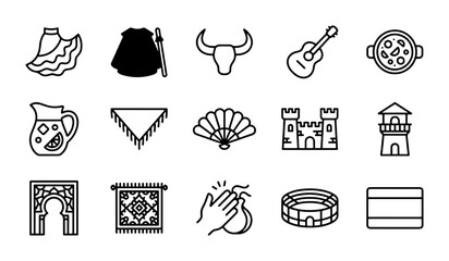 Spanish Culture Icons: Flamenco, Bullfighting, Architecture, Music & Food Vector Set © Abdul