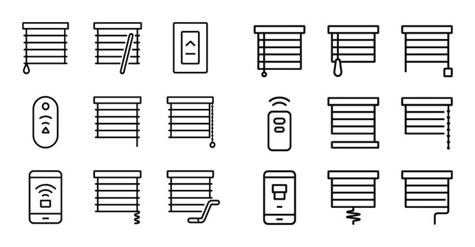 Motorized blinds control and remote connectivity icon set