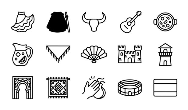 Spanish Culture Icons: Flamenco, Bullfighting, Architecture, Music & Food Vector Set