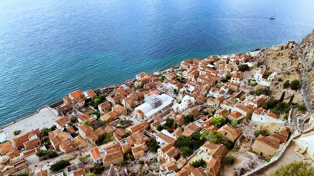 Aerial view of Monemvasia, a town in Laconia, Greece.