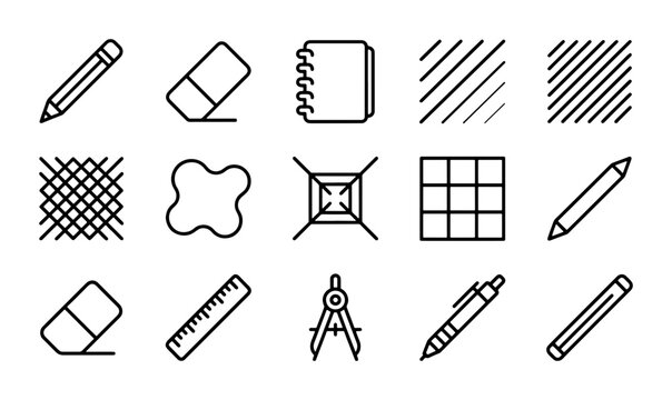 15 Drawing and Drafting Tools Icons, Stationery and Art Supplies Vector Set