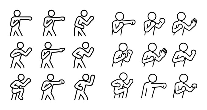 Stick figure performing boxing poses in icon grid layout