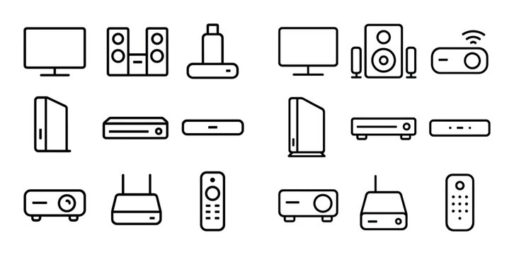 Consumer electronics icons showing media and audio devices on white