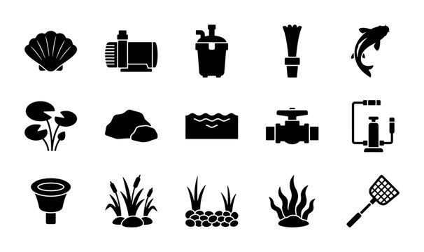 Aquarium and Pond Equipment Icons, Fish Tank Supplies, Water Garden Accessories, Vector Graphics