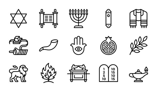 Jewish Symbols Vector Icons Set, Religious Cultural Icons, Star of David, Menorah, Torah