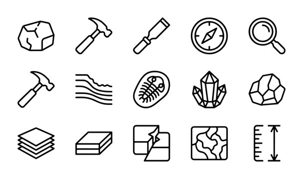 Geology Icons Set: Rocks, Fossils, Tools, Crystals, Compass, Magnifier, Layers, Map