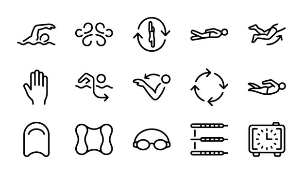Swimming Icons Set: Water Sports, Training Equipment, and Athlete Actions Vector Graphics