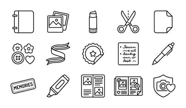 Scrapbooking Icons Set, Journaling Elements, Crafting Supplies, Memory Keeping Graphics
