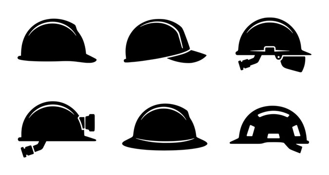 Hard Hat Icons Set, Safety Helmets Collection, Industrial Protective Headwear Vector Graphics