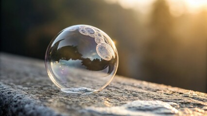 Naklejka premium A clear soap bubble rests on a stone surface, reflecting sunlight and a blurred outdoor background during golden hour.