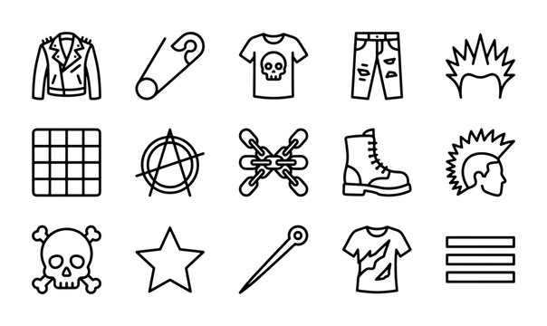 Punk Rock Icons Set: Leather Jacket, Safety Pin, Skull T-Shirt, Ripped Jeans, Mohawk Hairstyle, Anarchy Symbol, Chains, Boots, Star, Skull