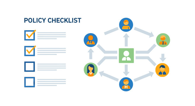 Policy checklist, business workflow diagram, infographic template, management process, organizational chart