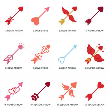 Cupid Arrow Symbols Collection Labeled Heart Arrow Love Strike Rose Arrow Cupid Arrow Flat Vector Valentine Love Set