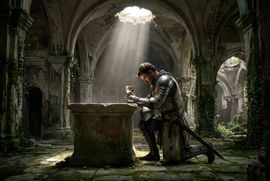 Warrior in plate armor praying with silver chalice upon stone altar in sunlight.