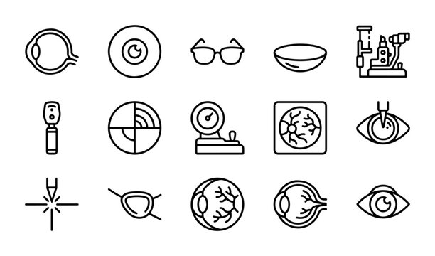 Ophthalmology Icons Set, Eye Care Vector Graphics, Vision Health Symbols, Medical Equipment Illustrations