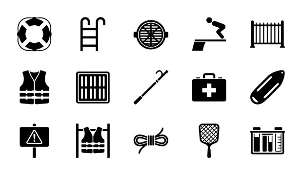 Swimming Pool Safety Equipment Icons, Lifeguard Gear Vector Set, Water Rescue Tools