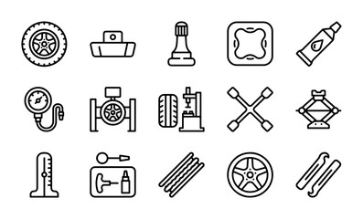 Obraz premium Car Tire Repair Icons Set, Automotive Service Tools, Vehicle Maintenance Vector Graphics