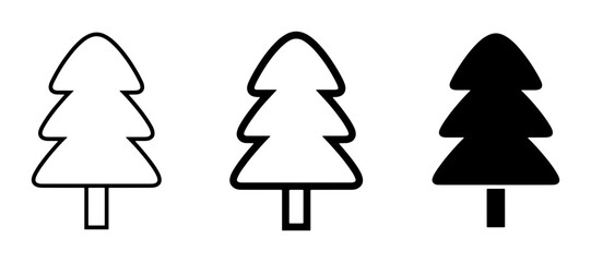 Three Stylized Evergreen Tree Icons: Outline, Filled Outline, Solid Black Vector Graphics © Popy