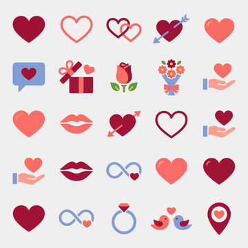 Valentine Love Heart Icon Set Red Hearts Outline Heart Gift Rose Flower Lips Cupid Arrow Romantic Flat Vector Illustration