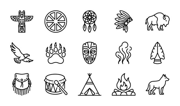 Native American Icons Set, Tribal Symbols Collection, Indigenous Culture Elements, Vector Art