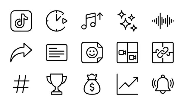 Social Media Icons Set: TikTok, Music, Video, Share, Hashtag, Trophy, Money, Analytics