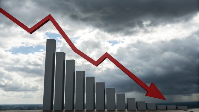A descending red arrow graph overlays dark stormy clouds, symbolizing a significant economic or business decline.