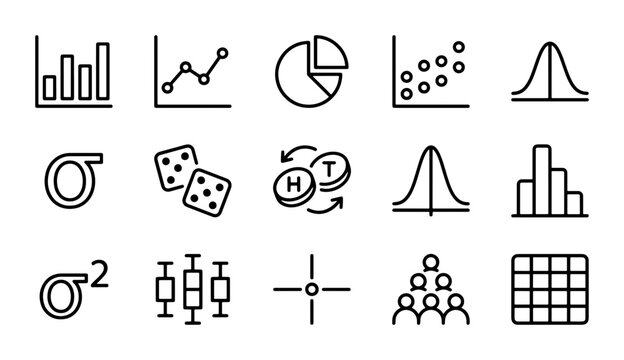 Statistical Data Icons Set: Charts, Graphs, Dice, Probability, Analysis Vector Graphics