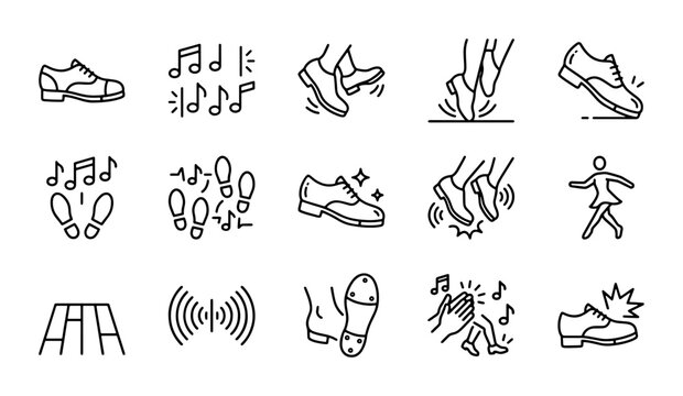 Tap Dance Icons Set, Music Notes, Footprints, Shoes, Rhythm, Performance Vector Graphics