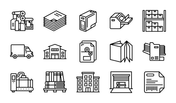 Printing Press Icons, Offset Lithography, Digital Printing, Bookbinding, Logistics, Warehouse, Delivery Truck, Office Building, Document Management, Print Production