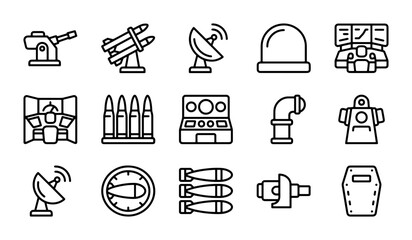 Military Icons Set, Defense Technology Vector Graphics, Warfare Equipment Line Art Collection © Popy