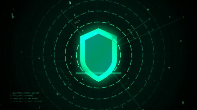 Digital shield icon protecting data with glowing green math symbols interface