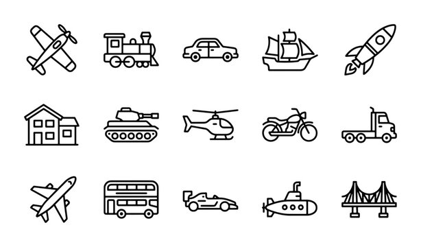 Transportation Icons Set: Aircraft, Cars, Trains, Ships, Rockets, Vehicles, Travel