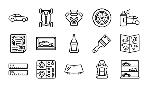 Car Model Building Icons, Hobby Craft Supplies, Automotive Assembly Vector Set