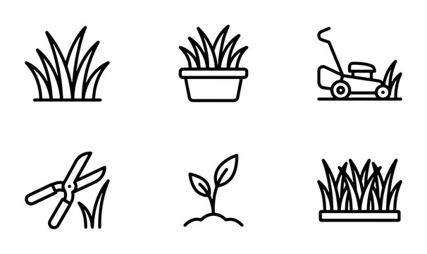 Gardening Icons Set: Lawn Mower, Grass, Plant, Secateurs, Vector Graphics for Outdoor Care