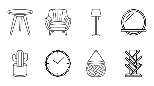 Modern Home Furniture and Interior Decor Icons, Round Table, Armchair, Floor Lamp, Mirror, Cactus, Wall Clock, Basket, Bookshelf Vector Symbols