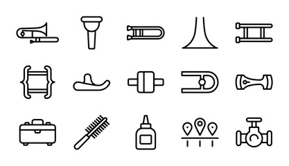 Musical Instrument Icons, Brass Wind Symbols, and Technical Equipment Graphics, Vector Set for Audio and Engineering Concepts © Saiful