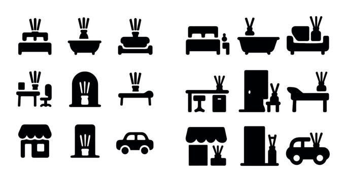 Reed diffuser and home decor icons arranged on white background