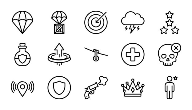 Game Icons Set: Parachute, Target, Potion, Crown, Skull, Gun, Medical Cross, Location, Shield