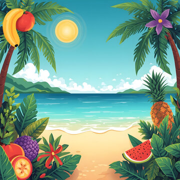 Vibrant Tropical Paradise Illustration featuring a Sunny Beach with Lush Palm Trees and a Variety of Exotic Fresh Summer Fruits