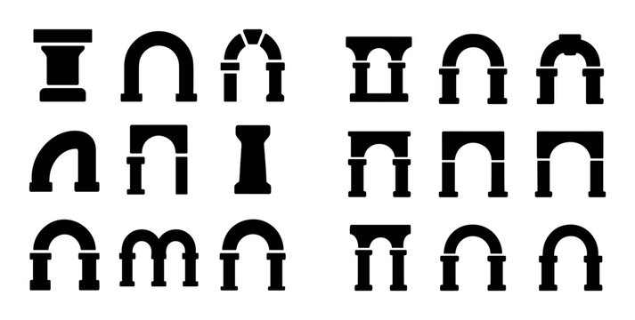 Arches with pillar elements displayed in systematic grid on white background