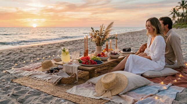 Picnic bohemio en la playa al atardecer con decoraci&oacute;n elegante y ambiente c&aacute;lido de verano.