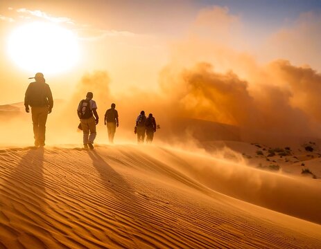 Group of people walk across sand dunes towards a setting sun, creating long shadows and billowing sand clouds
