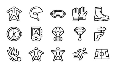 Skydiver Gear Icons, Parachute, Wingsuit, Helmet, Goggles, Gloves, Boots, Compass, GPS, Adventure Sports Vector Set © Rima