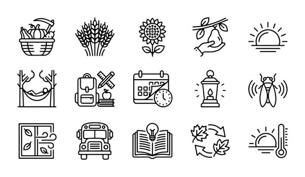 Seasonal Icons: Harvest, School, Autumn, Weather, Summer, Nature, Calendar, Education, Travel