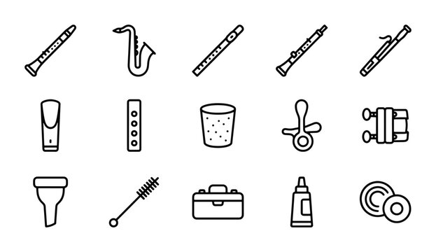 Woodwind Instrument Icons Set, Musical Accessories Vector Collection, Music Performance Graphics