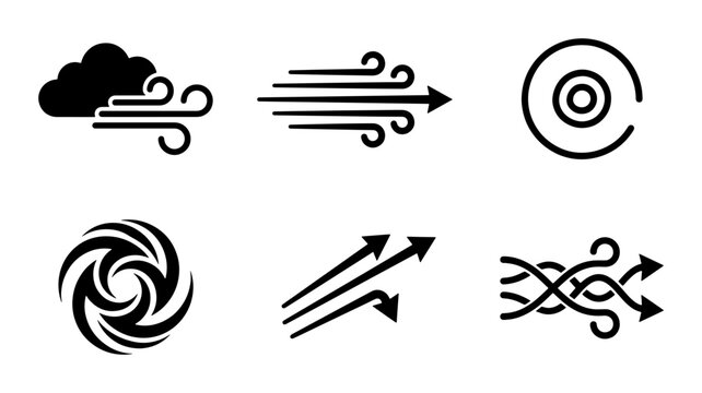 Wind Icons Set, Weather Symbols, Air Flow Arrows, Hurricane Swirl, Meteorology Clipart