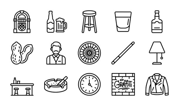 Bar Icons Set, Retro Jukebox, Drinks, Roulette, 15 Vector Elements for Nightlife and Entertainment