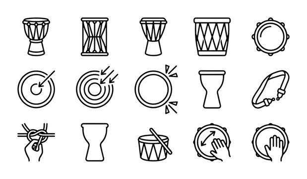 Drum Icons Set, Percussion Instruments Vector Graphics, Musical Equipment Collection