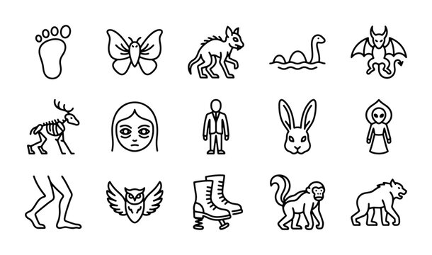 Cryptid Icons Set: Bigfoot, Mothman, Nessie, Chupacabra, Jersey Devil, Folklore Creatures